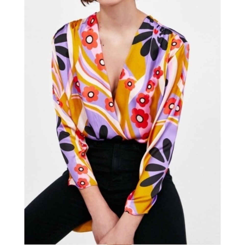 Zara Multicolor Floral Wrap Bodysuit - Yellow, Purple, Red, Black